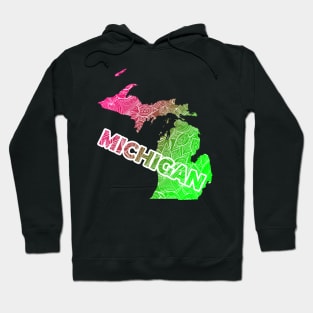 Colorful mandala art map of Michigan with text in pink and green Hoodie